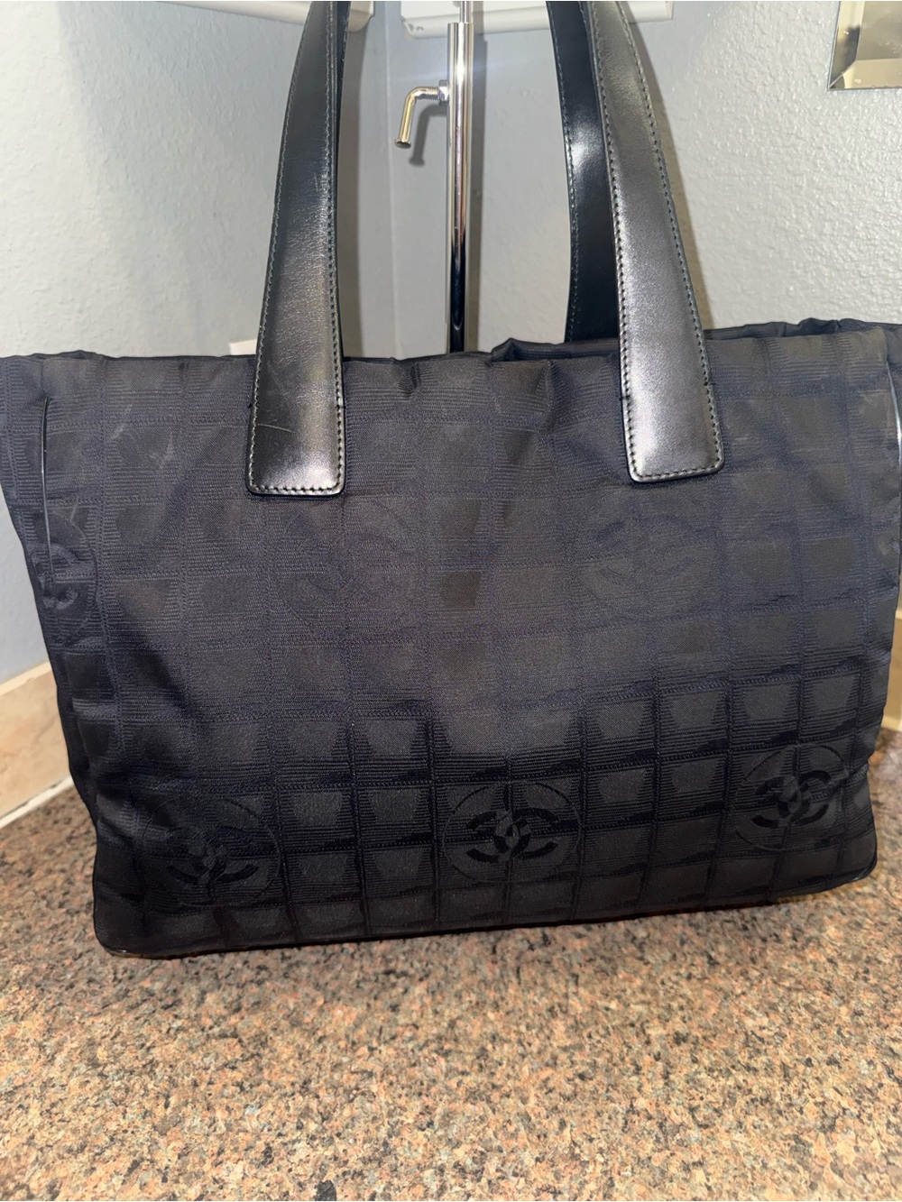 CHANEL Black Quilted Nylon Tote with Leather Straps EUC